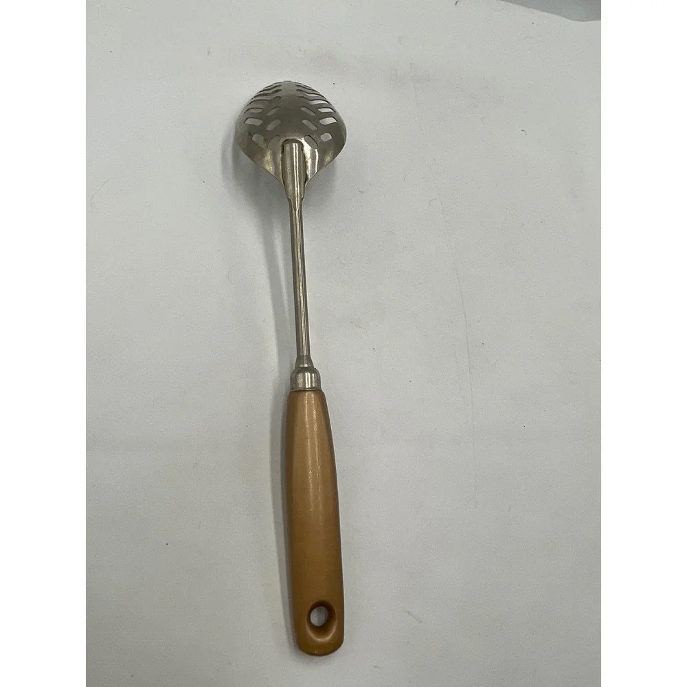 Vintage Slotted Serving Spoon USA Tan Gold Handle Stainless Steel Leaf Pattern